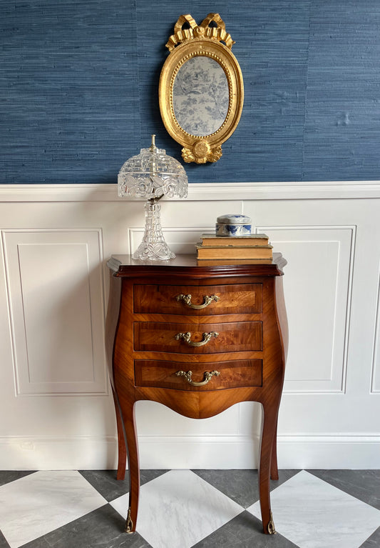 Exquisite Petite Vintage Curved Serpentine Front Burlwood Bombe Chest  |  Nightstand | Side Table
