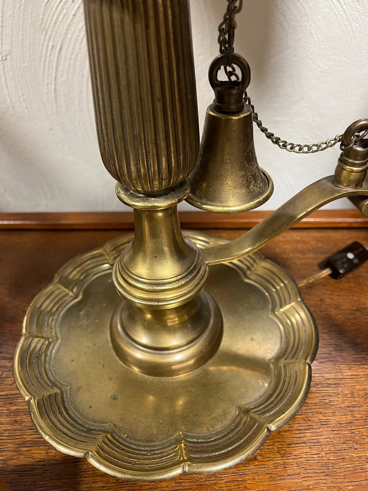 Vintage Mid 20th Century Frederick Cooper Brass Candlestick Table Lamp With Bell and Shade