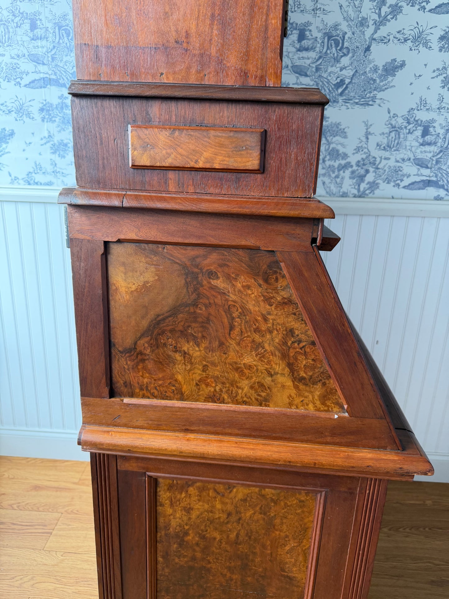 Antique Victorian Burl Walnut Secretary Bookcase, c. 1880s, Drop Front Writing Desk Display Cabinet
