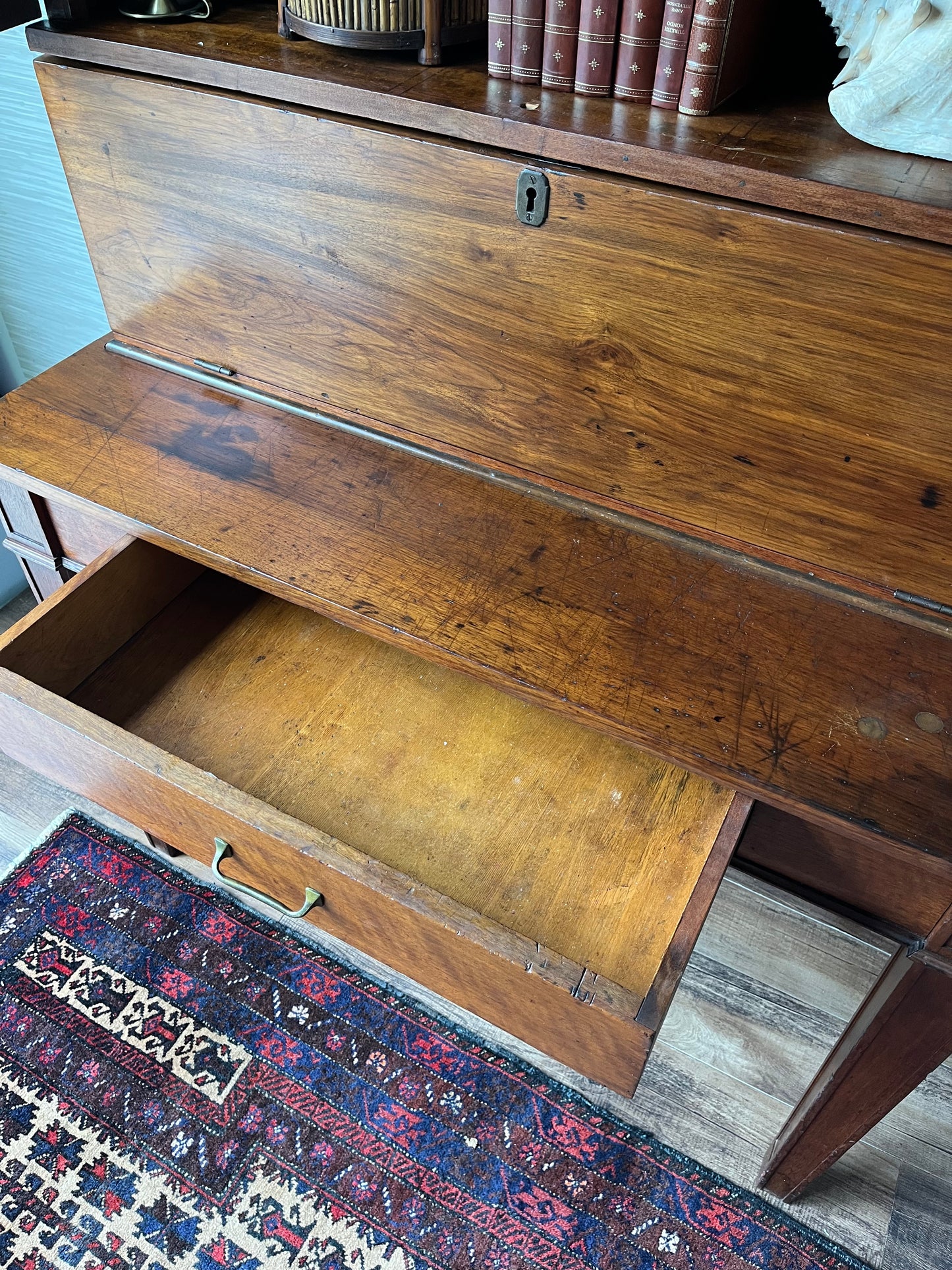 Exquisite Bench-Made Antique Drop Front Plantation Desk with Original Handblown Glass