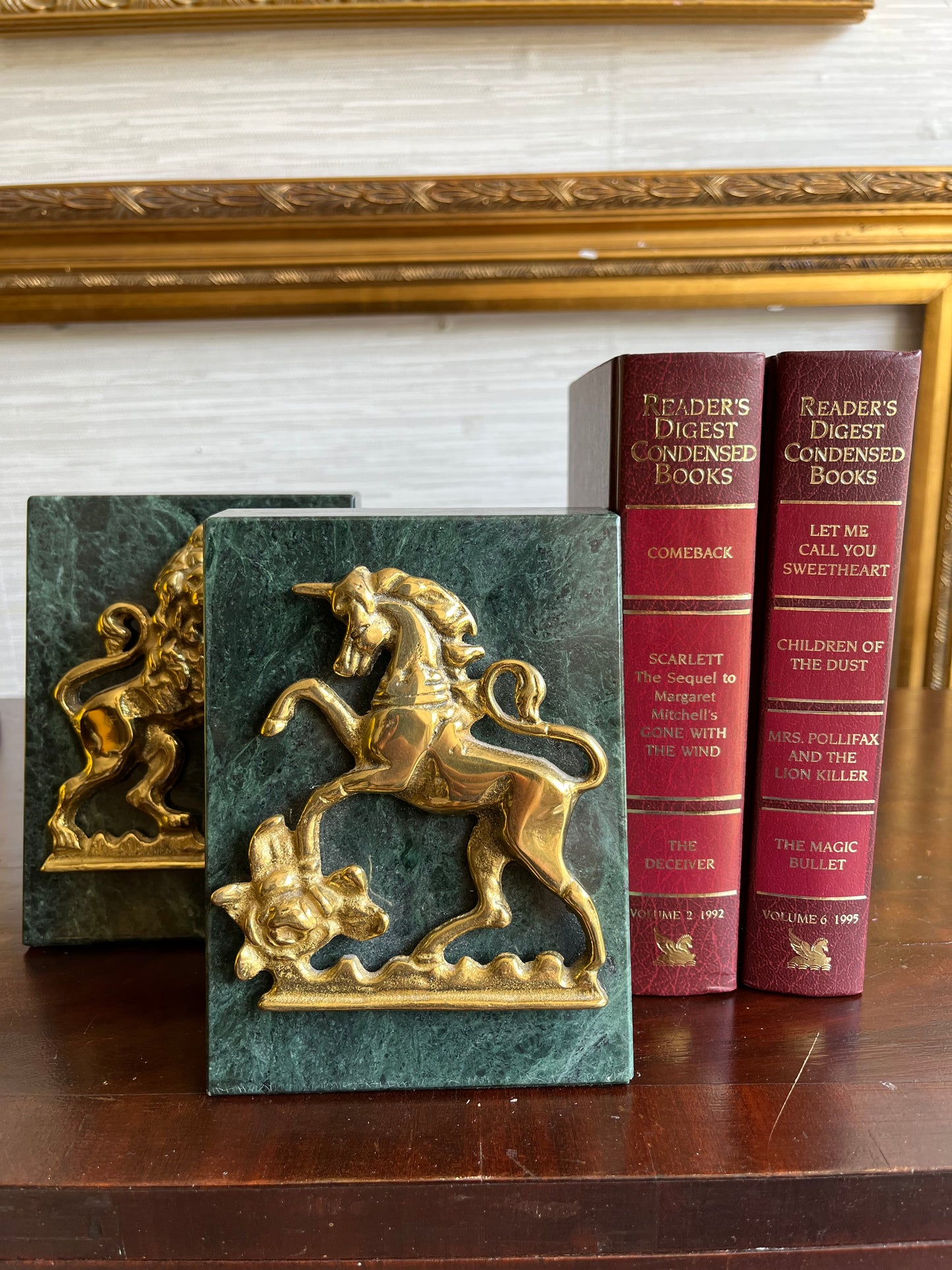 Vintage Trapezoidal Green Marble Book Ends With Brass Unicorn + Lion