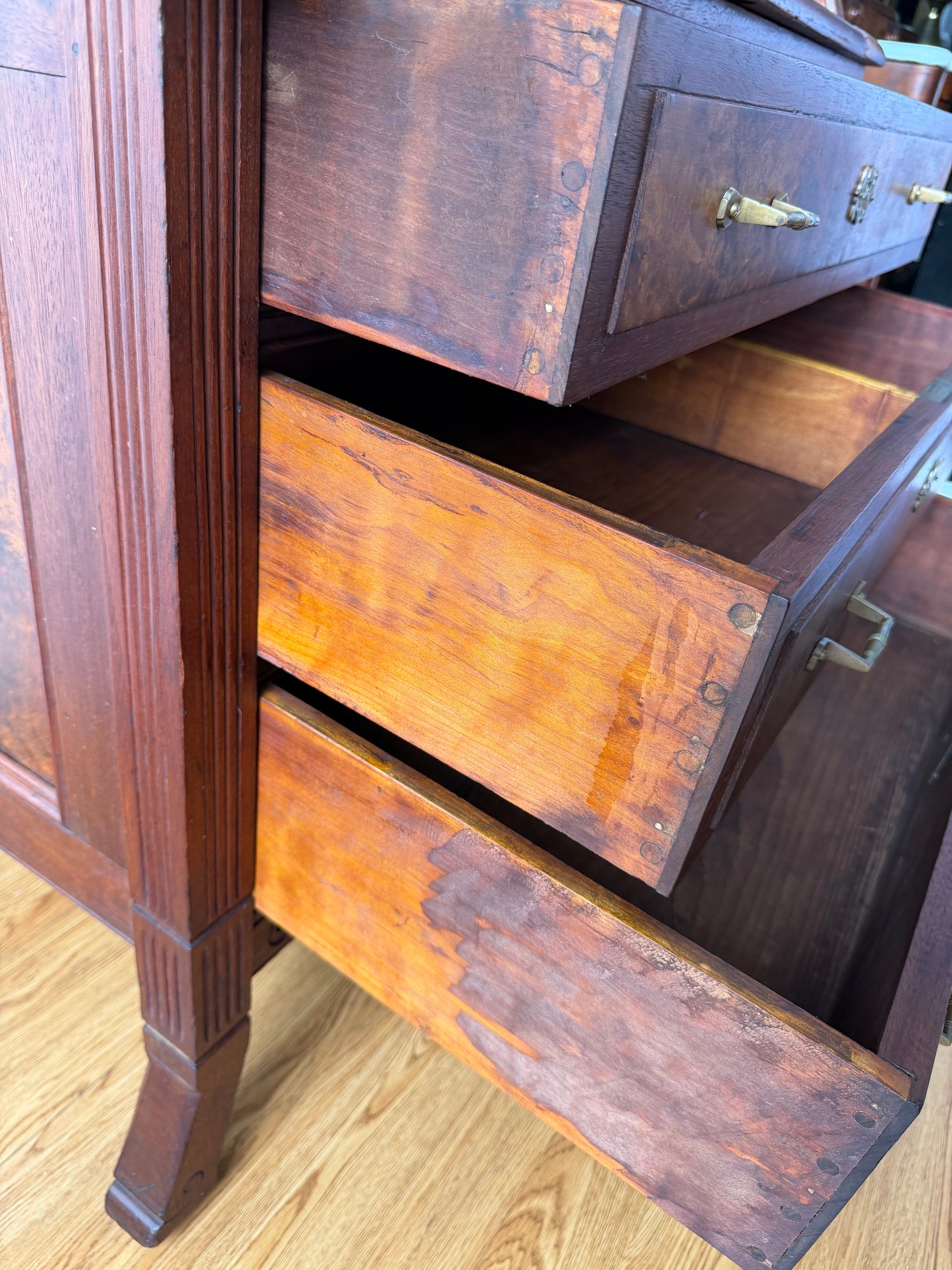 Antique Victorian Burl Walnut Secretary Bookcase, c. 1880s, Drop Front Writing Desk Display Cabinet