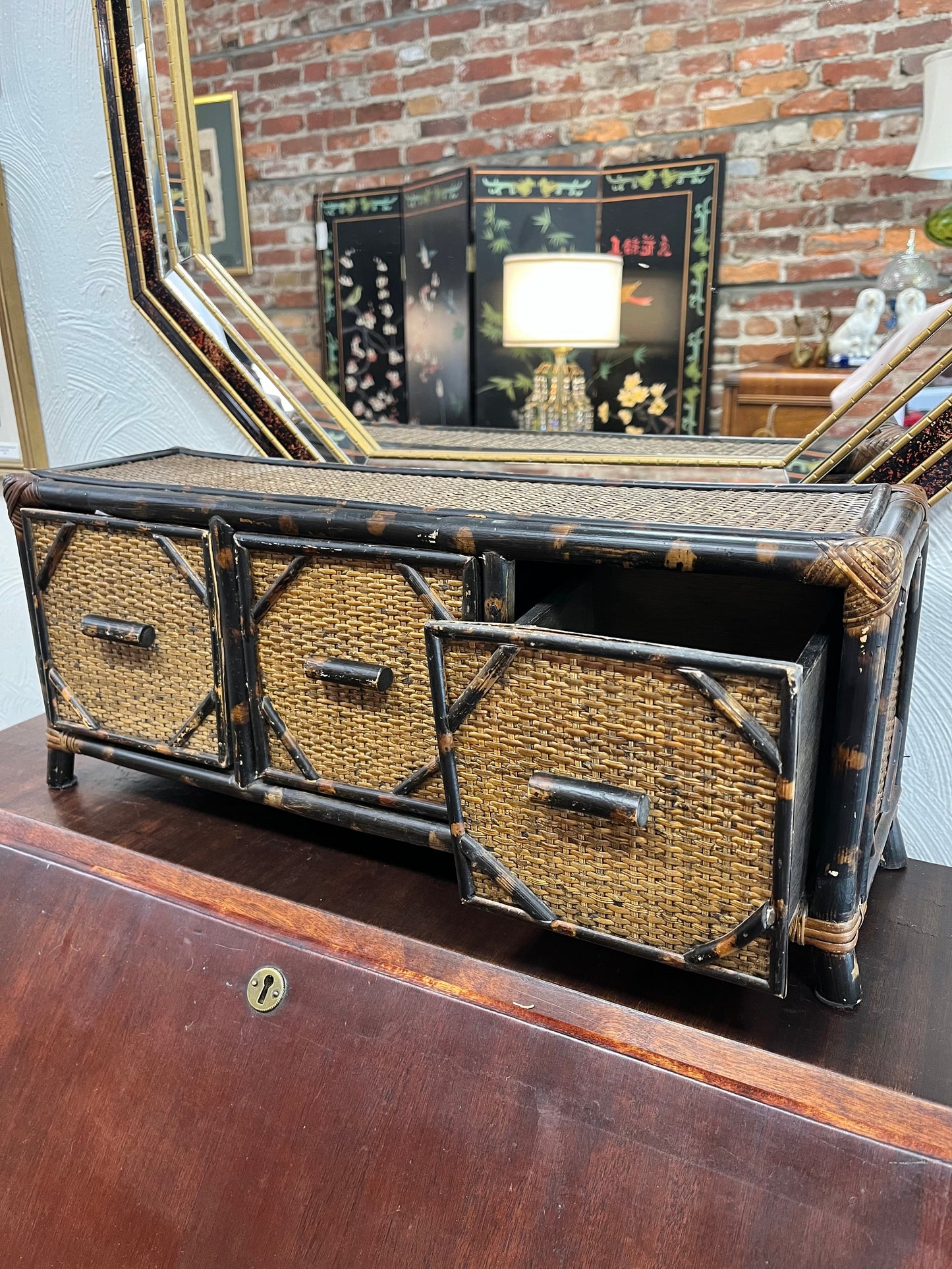 Exotic Antique Bamboo & Cane Three Drawer Storage Box