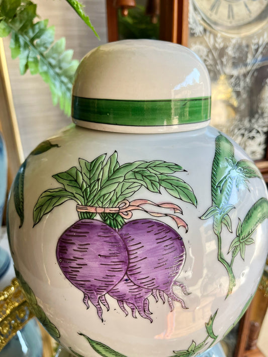 Vintage Chinese Export Porcelain Lidded Ginger Jar with Hand-Painted Bok Choy, Carrots, Beets, and Snow Peas