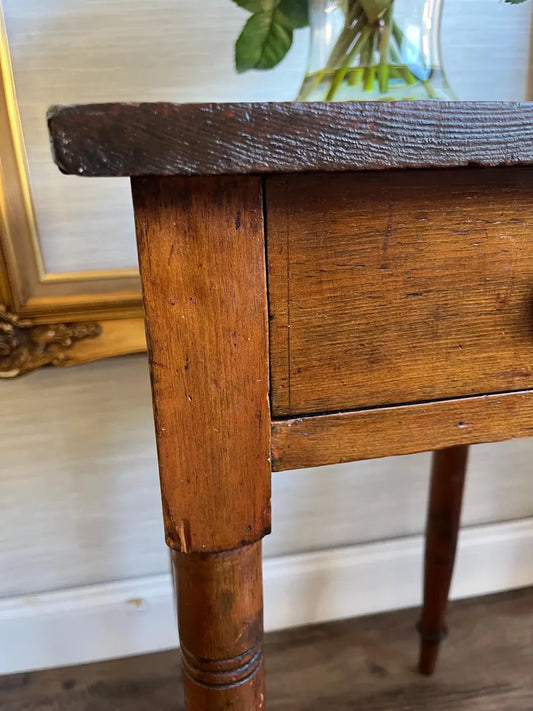 Early 1800s Antique Primitive Pine Side Table  Nightstand With Storage Drawer