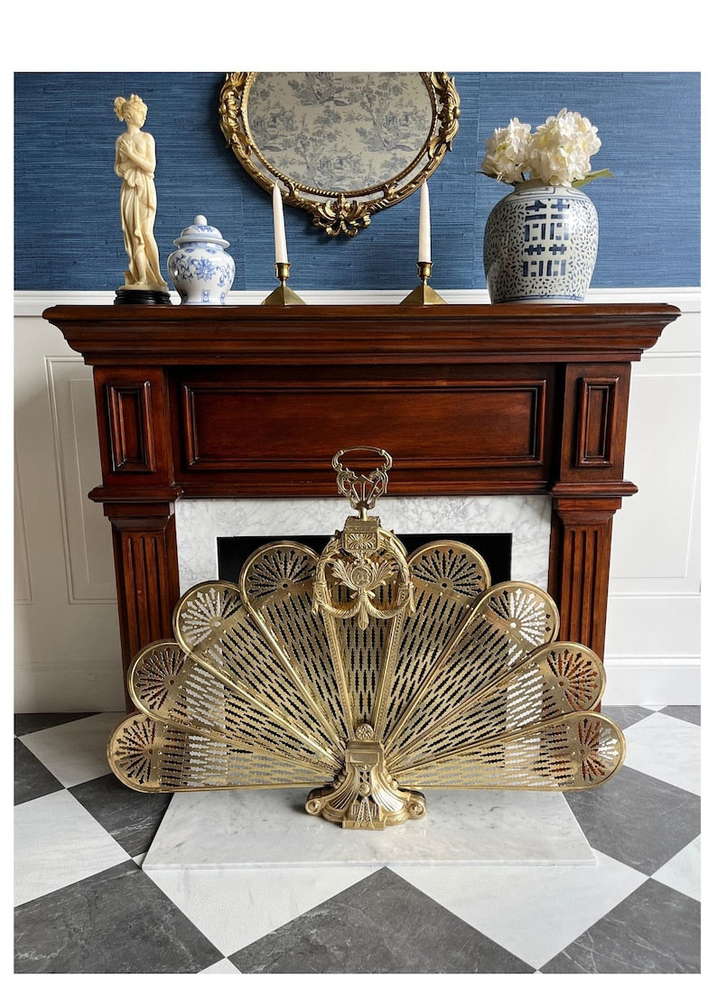 Vintage Cameo Style Brass Peacock Fireplace Screen Folding Fan Fire Guard