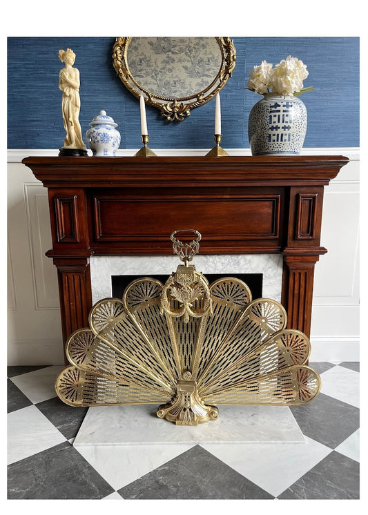 Vintage Cameo Style Brass Peacock Fireplace Screen Folding Fan Fire Guard