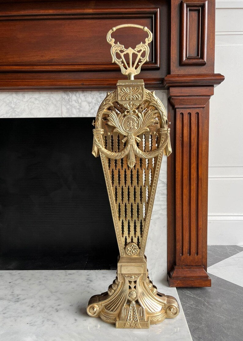 Vintage Cameo Style Brass Peacock Fireplace Screen Folding Fan Fire Guard