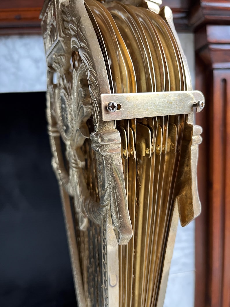 Vintage Cameo Style Brass Peacock Fireplace Screen Folding Fan Fire Guard