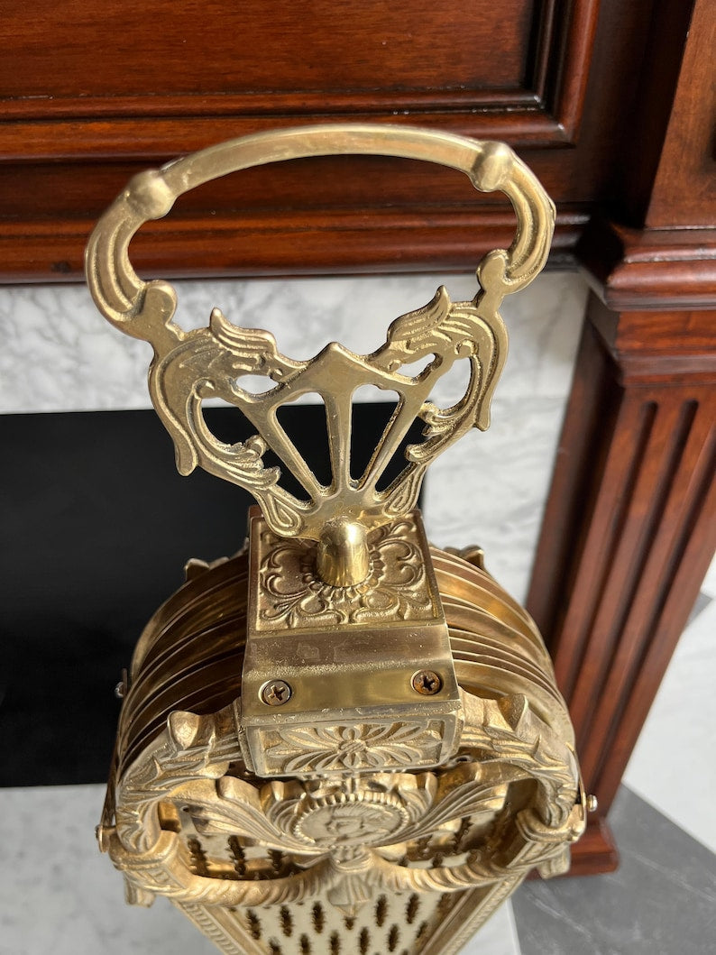 Vintage Cameo Style Brass Peacock Fireplace Screen Folding Fan Fire Guard