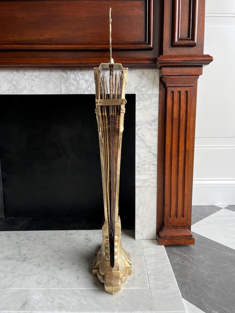 Vintage Cameo Style Brass Peacock Fireplace Screen Folding Fan Fire Guard