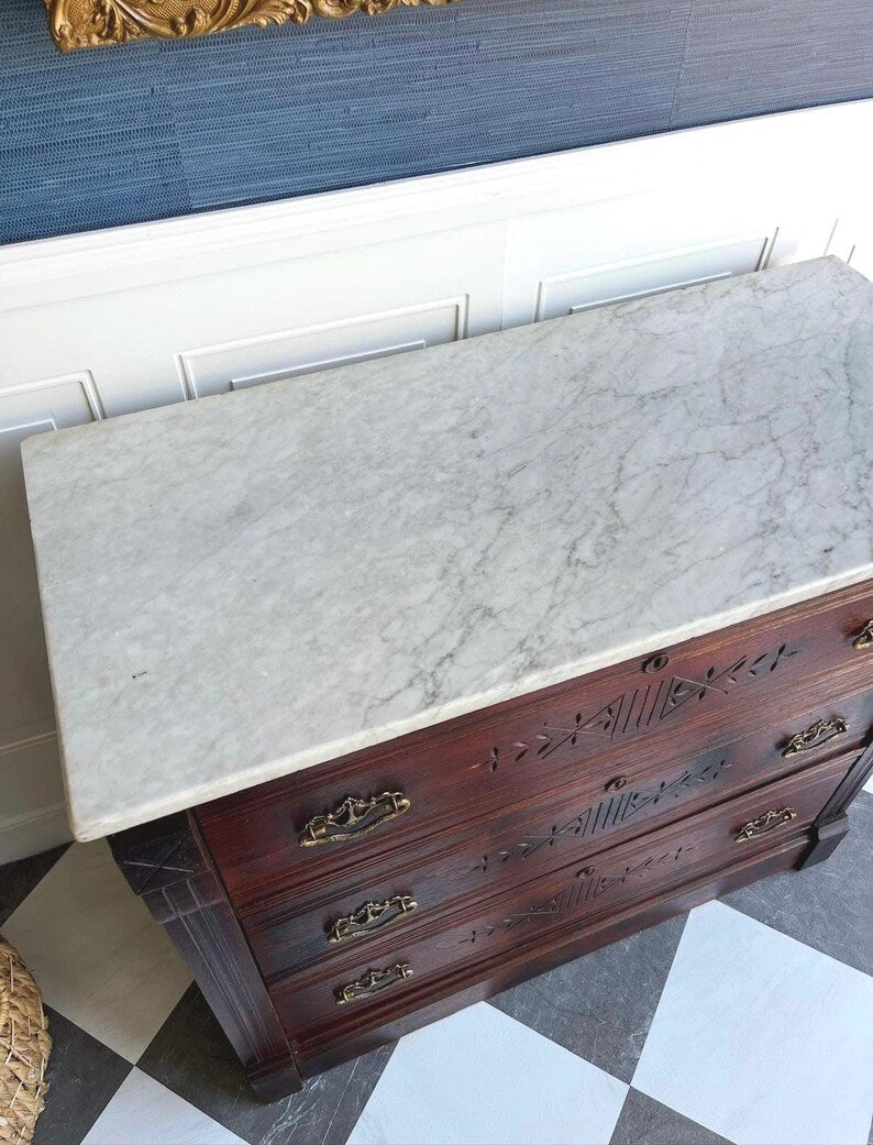 Antique Eastlake 19th Century Marble Top Dresser Hand Carved Spoon Detail Solid Wood Chest Original Brass Hardware