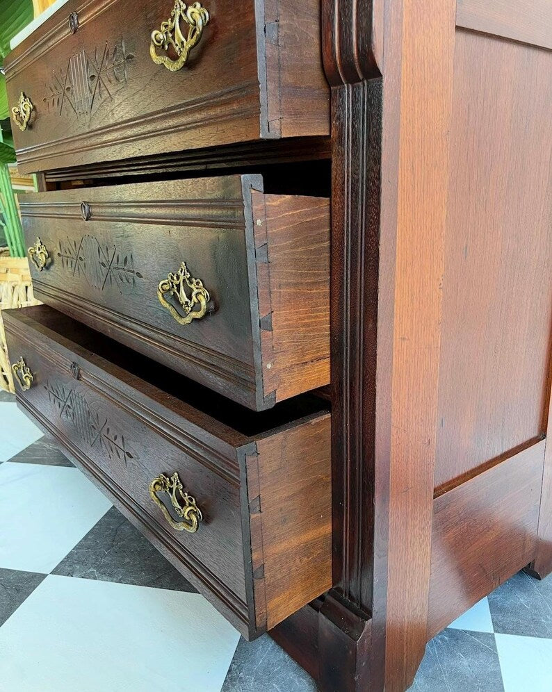 Antique Eastlake 19th Century Marble Top Dresser Hand Carved Spoon Detail Solid Wood Chest Original Brass Hardware