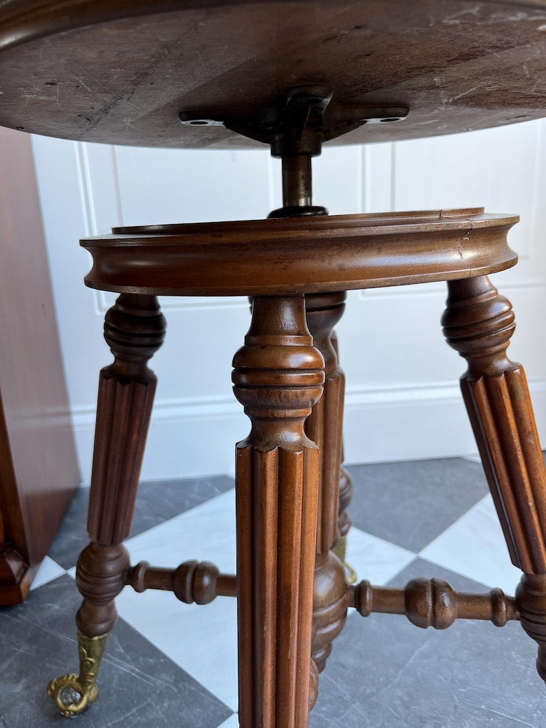 Antique Late 1800s Adjustable Swivel Piano Stool Accent Chair with Claw & Ball Brass Glass Feet | J.W. Lyon Sons