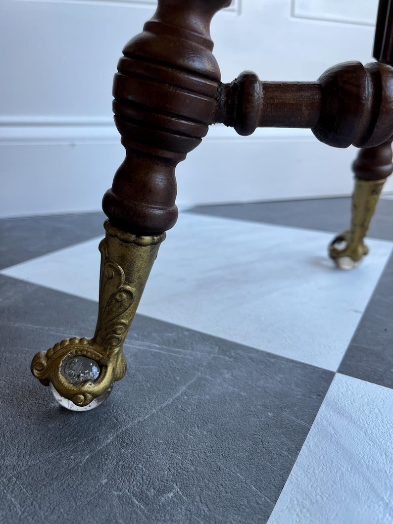 Antique Late 1800s Adjustable Swivel Piano Stool Accent Chair with Claw & Ball Brass Glass Feet | J.W. Lyon Sons