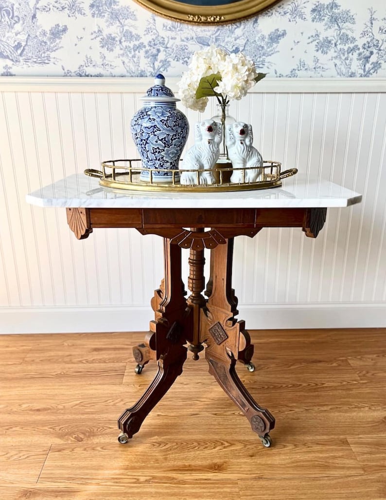 Antique Victorian Eastlake Marble-Top Table On Casters – Circa 1870s–1890s | Carved Wood Bistro, Parlor, or Game Dining Table