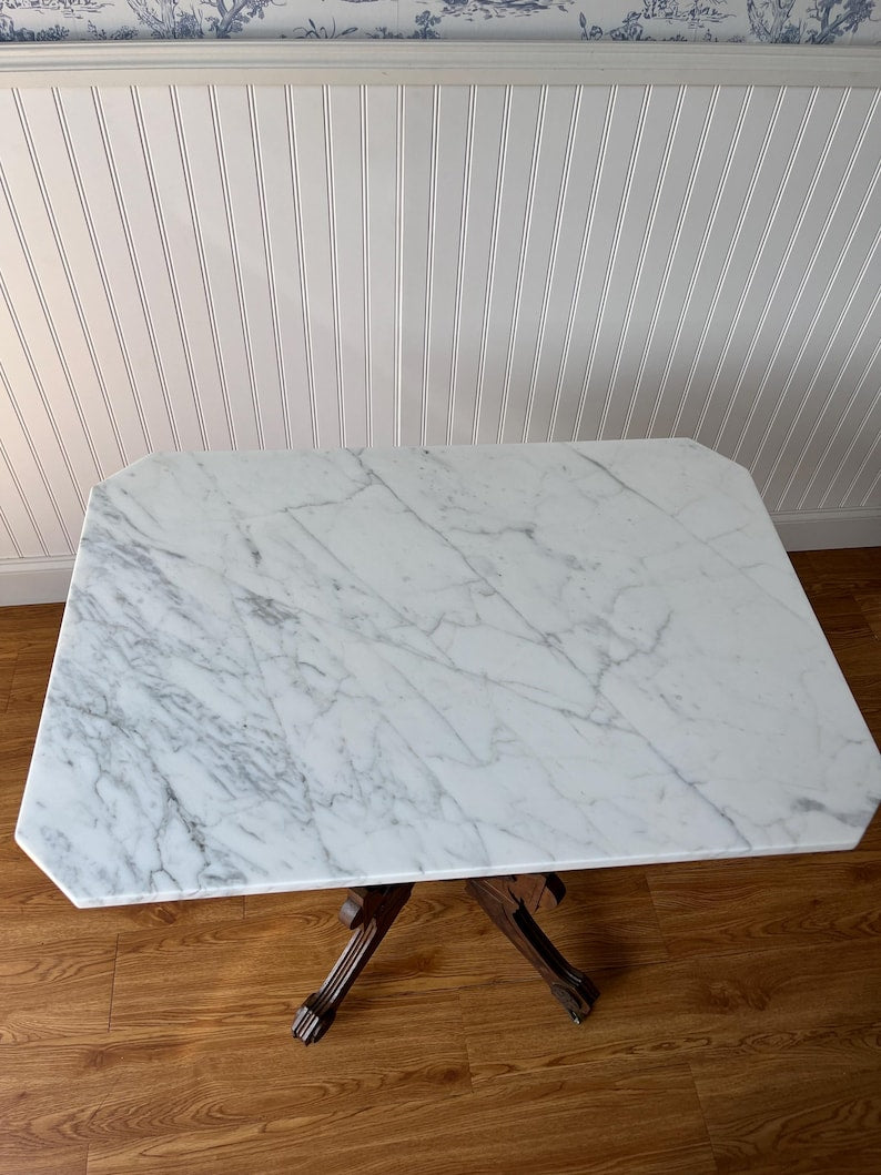 Antique Victorian Eastlake Marble-Top Table On Casters – Circa 1870s–1890s | Carved Wood Bistro, Parlor, or Game Dining Table