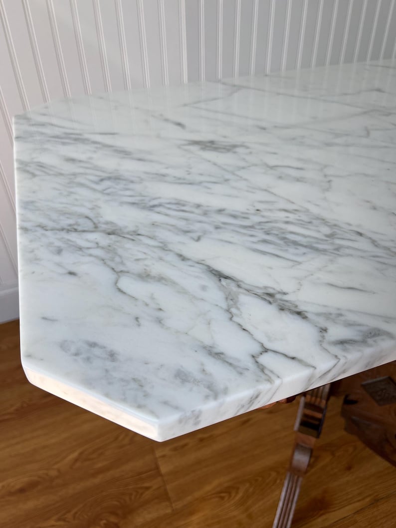 Antique Victorian Eastlake Marble-Top Table On Casters – Circa 1870s–1890s | Carved Wood Bistro, Parlor, or Game Dining Table