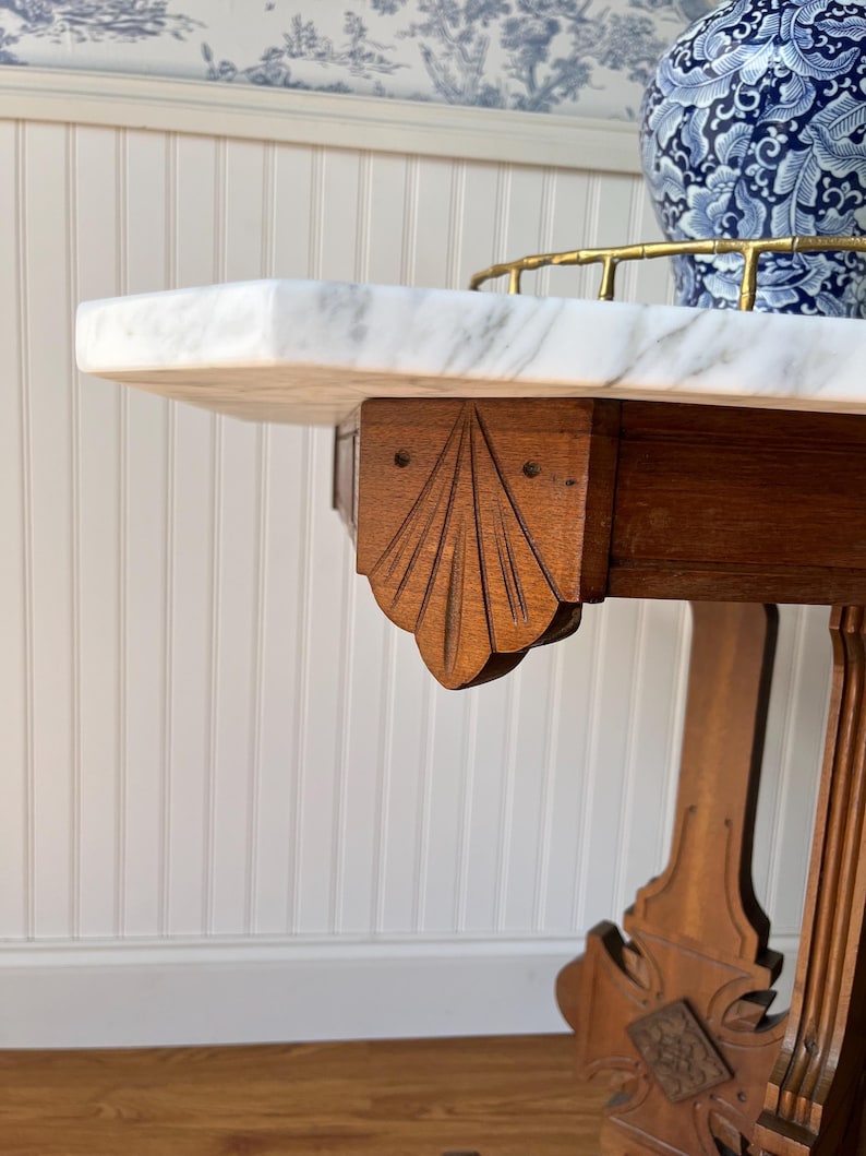 Antique Victorian Eastlake Marble-Top Table On Casters – Circa 1870s–1890s | Carved Wood Bistro, Parlor, or Game Dining Table