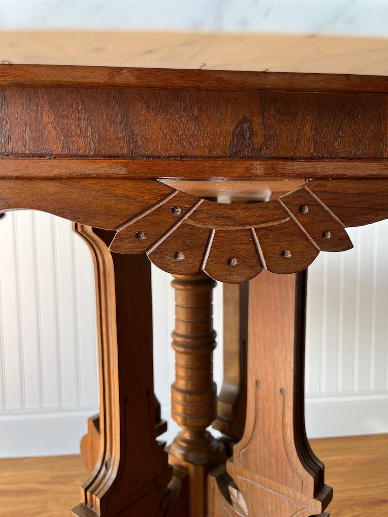 Antique Victorian Eastlake Marble-Top Table On Casters – Circa 1870s–1890s | Carved Wood Bistro, Parlor, or Game Dining Table