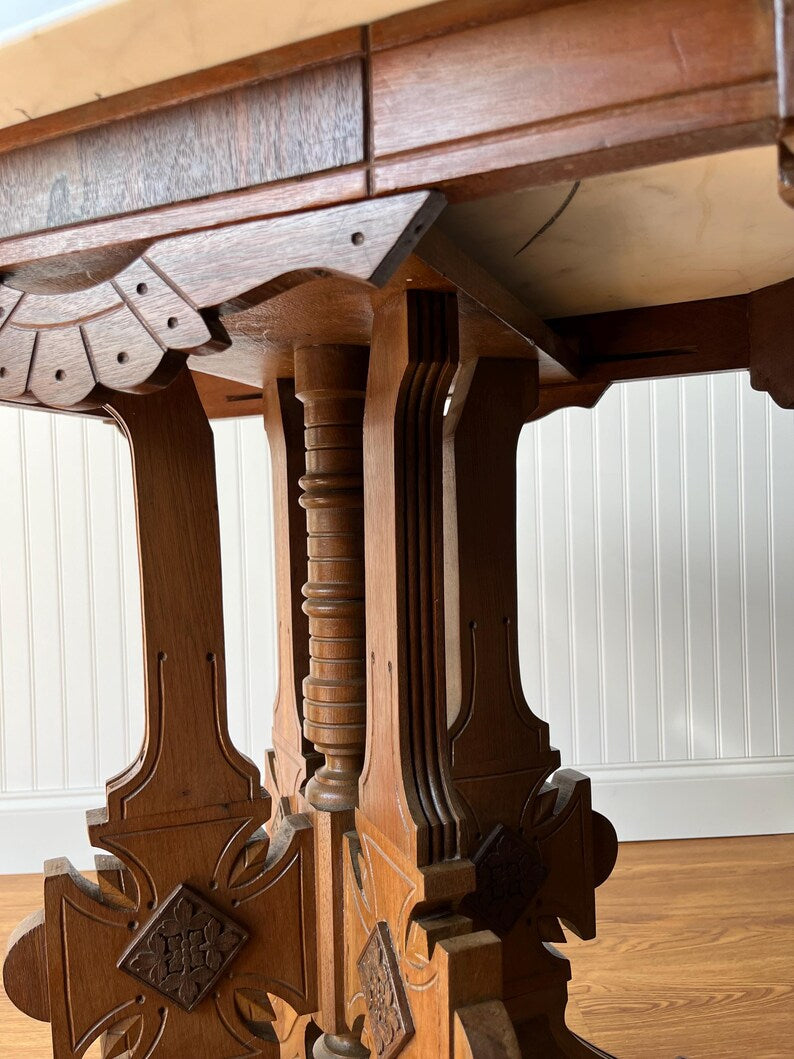 Antique Victorian Eastlake Marble-Top Table On Casters – Circa 1870s–1890s | Carved Wood Bistro, Parlor, or Game Dining Table