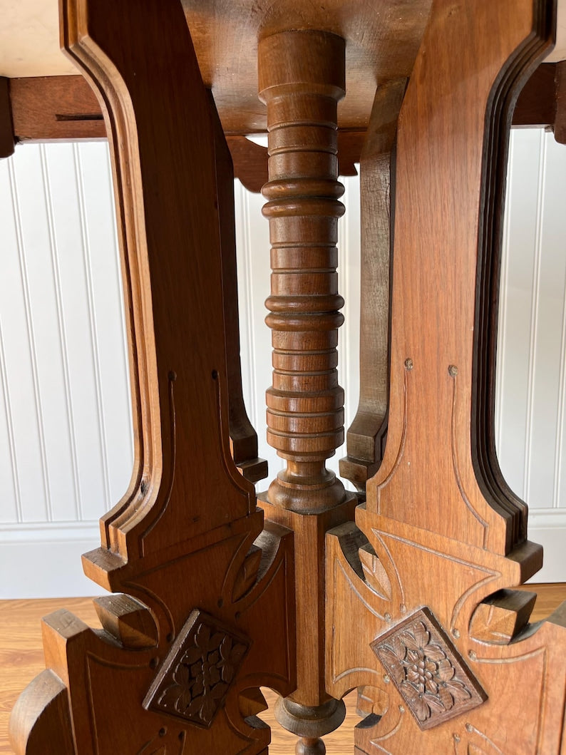Antique Victorian Eastlake Marble-Top Table On Casters – Circa 1870s–1890s | Carved Wood Bistro, Parlor, or Game Dining Table