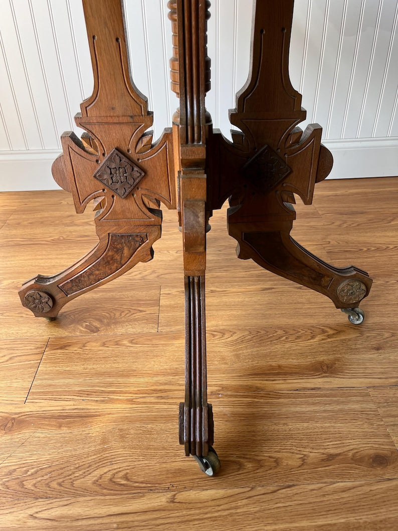 Antique Victorian Eastlake Marble-Top Table On Casters – Circa 1870s–1890s | Carved Wood Bistro, Parlor, or Game Dining Table