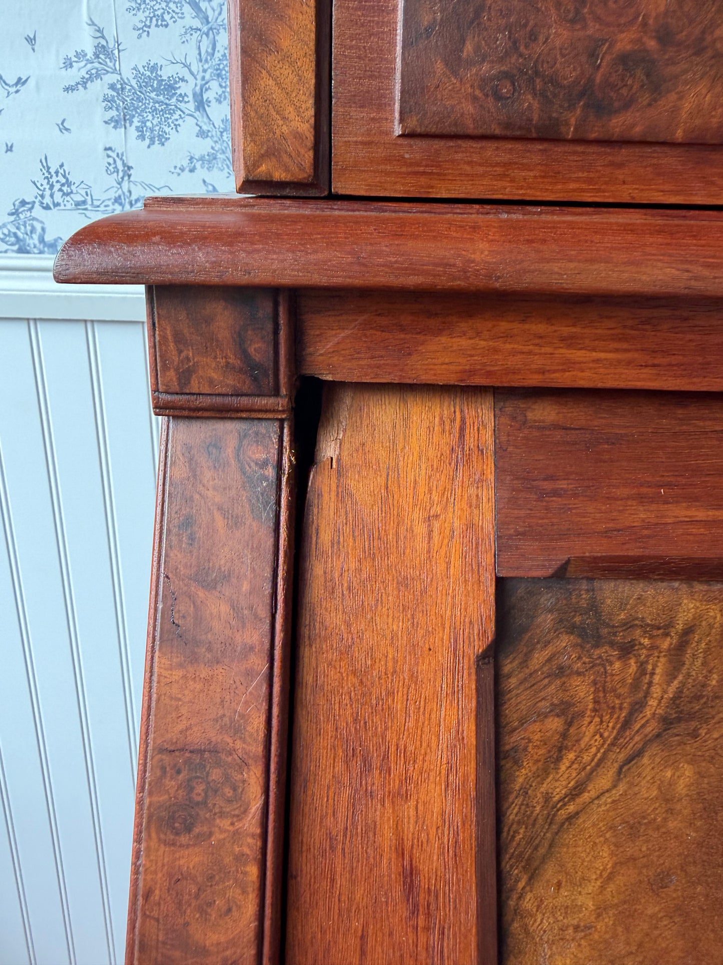 Antique Victorian Burl Walnut Secretary Bookcase, c. 1880s, Drop Front Writing Desk Display Cabinet