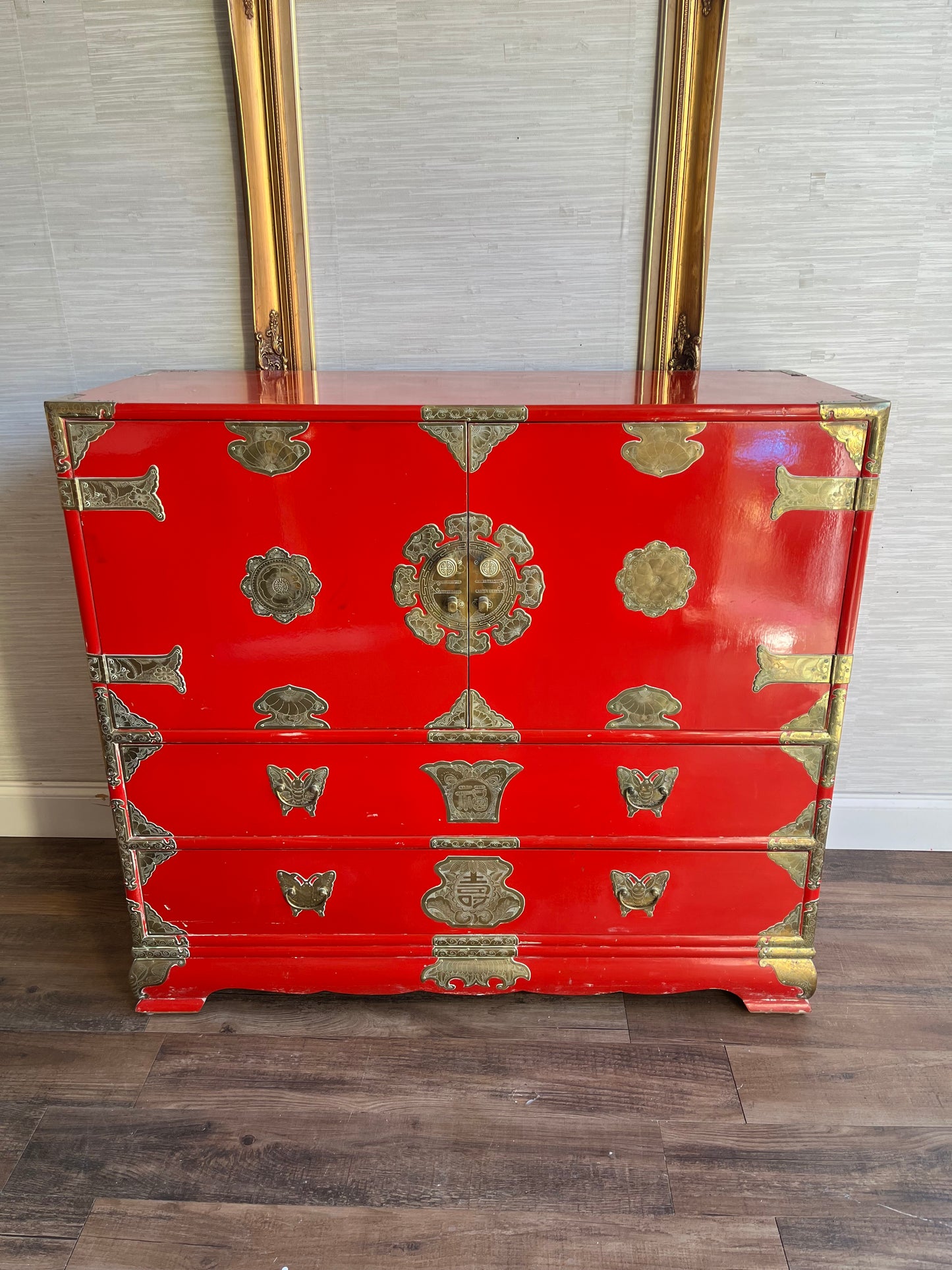 Mid 20th Century Red Lacquer Tansu Chest with Brass Butterfly Pulls