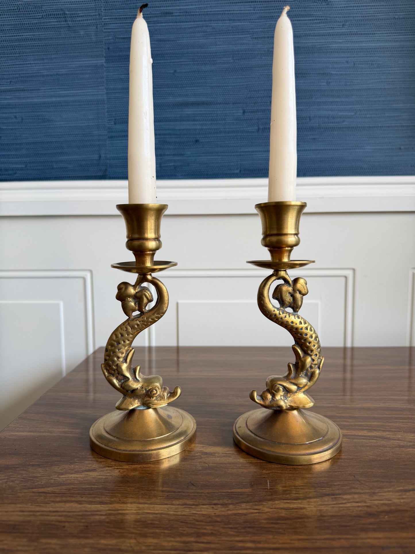 Vintage Pair Of Solid Brass Dragon Candlesticks
