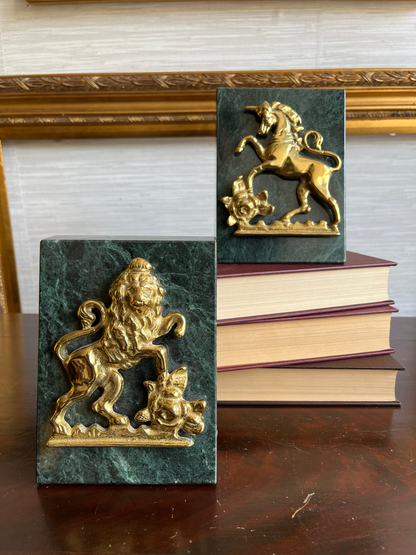 Vintage Trapezoidal Green Marble Book Ends With Brass Unicorn + Lion