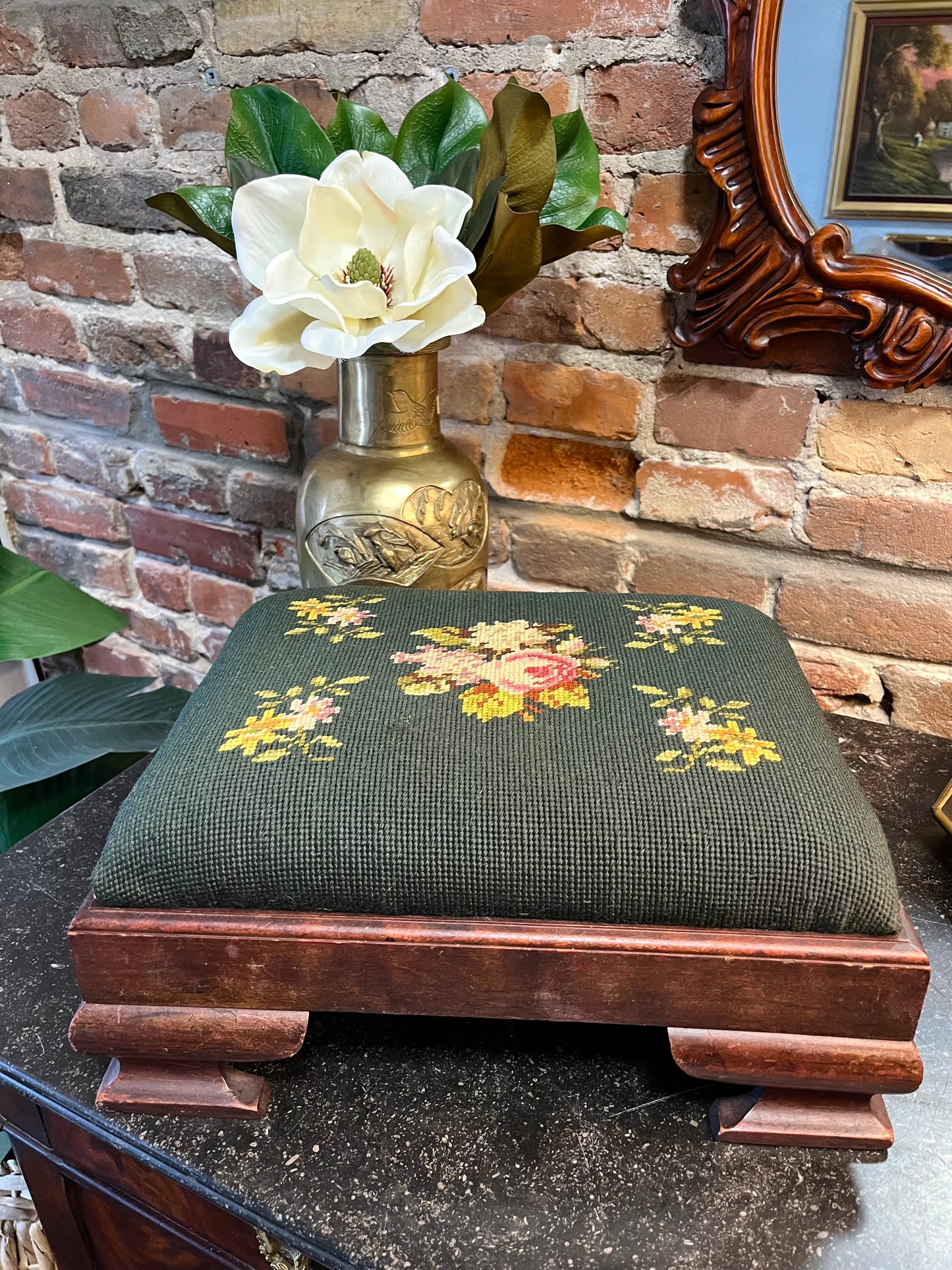 Late 19th Century Needlepoint Footstool – Hand-Stitched Floral Upholstery & Carved Wood Base