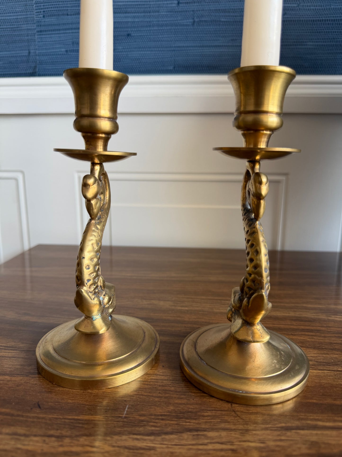 Vintage Pair Of Solid Brass Dragon Candlesticks