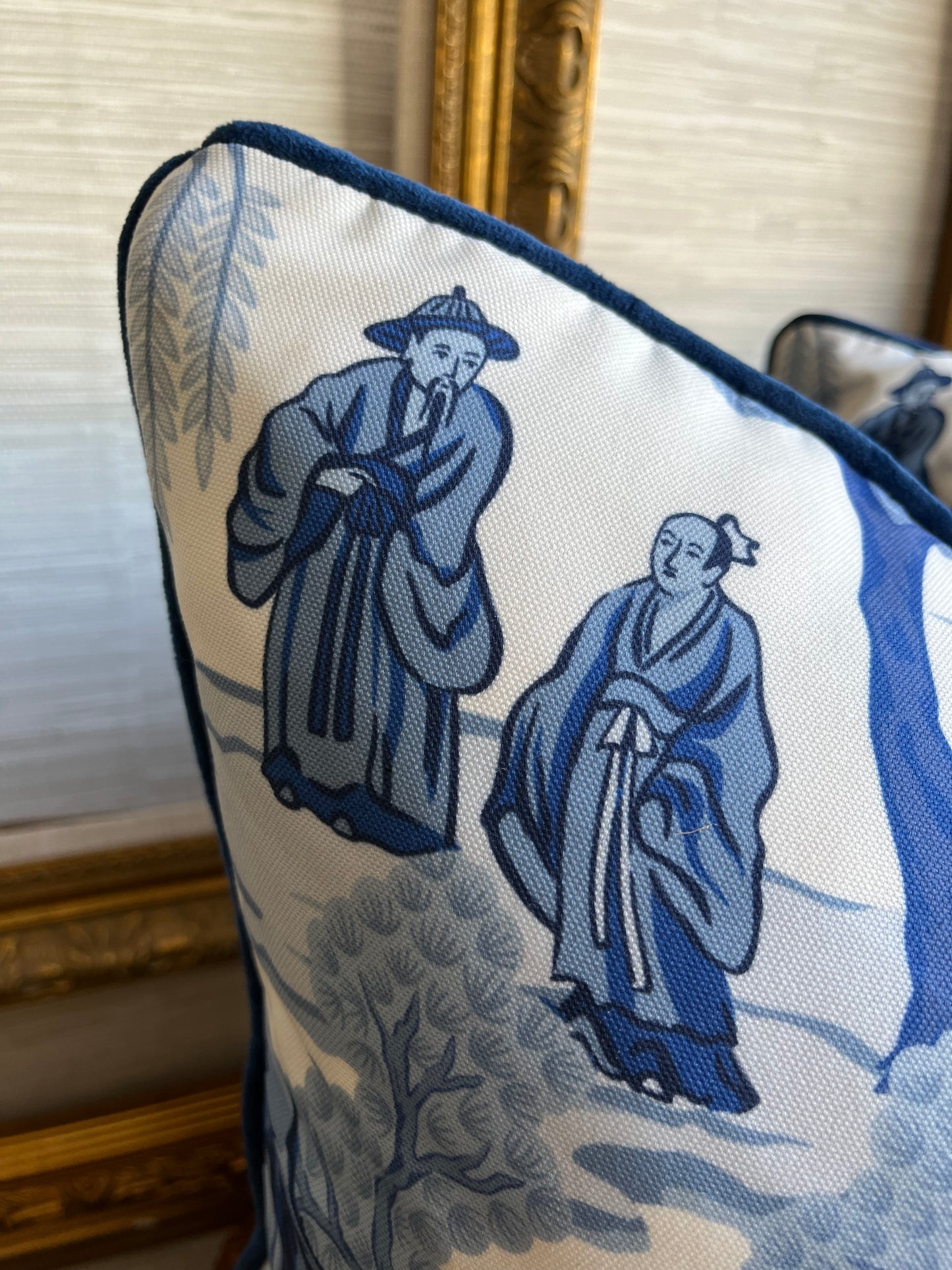 Exquisite Blue and White Chinoiserie Feather Down Filled Pillow Pair