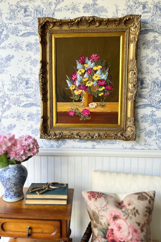 Cheerful Vintage Summer Still Life Bouquet Floral Original Painting Signed with Pink Roses, Yellow Daisies & Blue Lilacs | 32” x 26”
