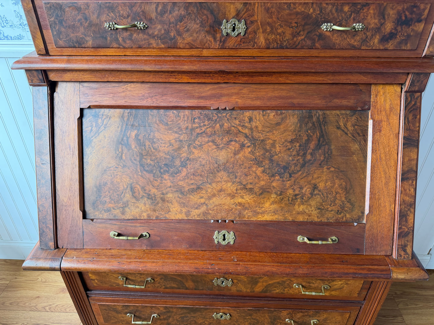Antique Victorian Burl Walnut Secretary Bookcase, c. 1880s, Drop Front Writing Desk Display Cabinet