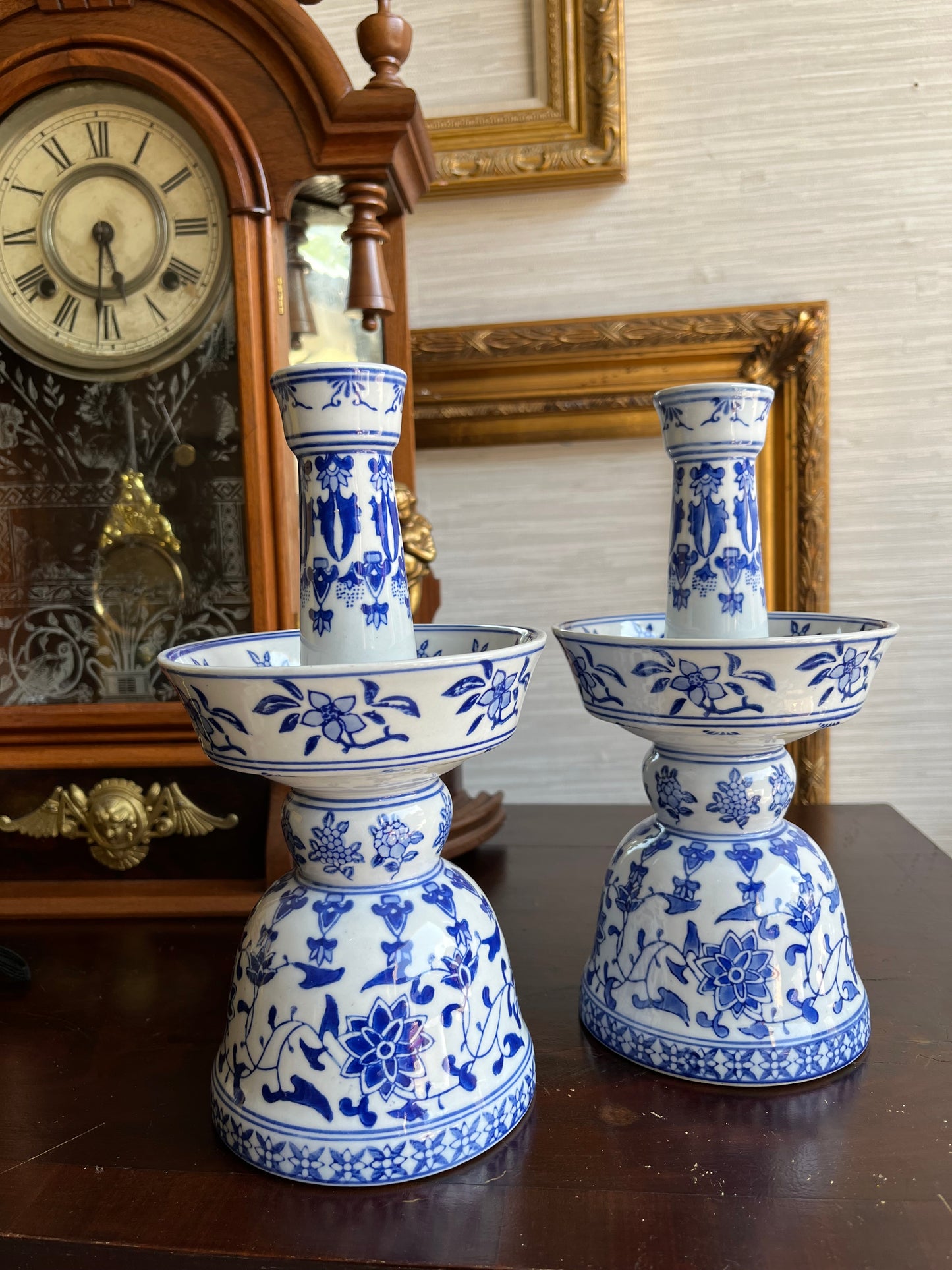 Elegant Mid Century Vintage Andrea by Sadek Blue and White Porcelain Candlestick Holders | Incense Burners