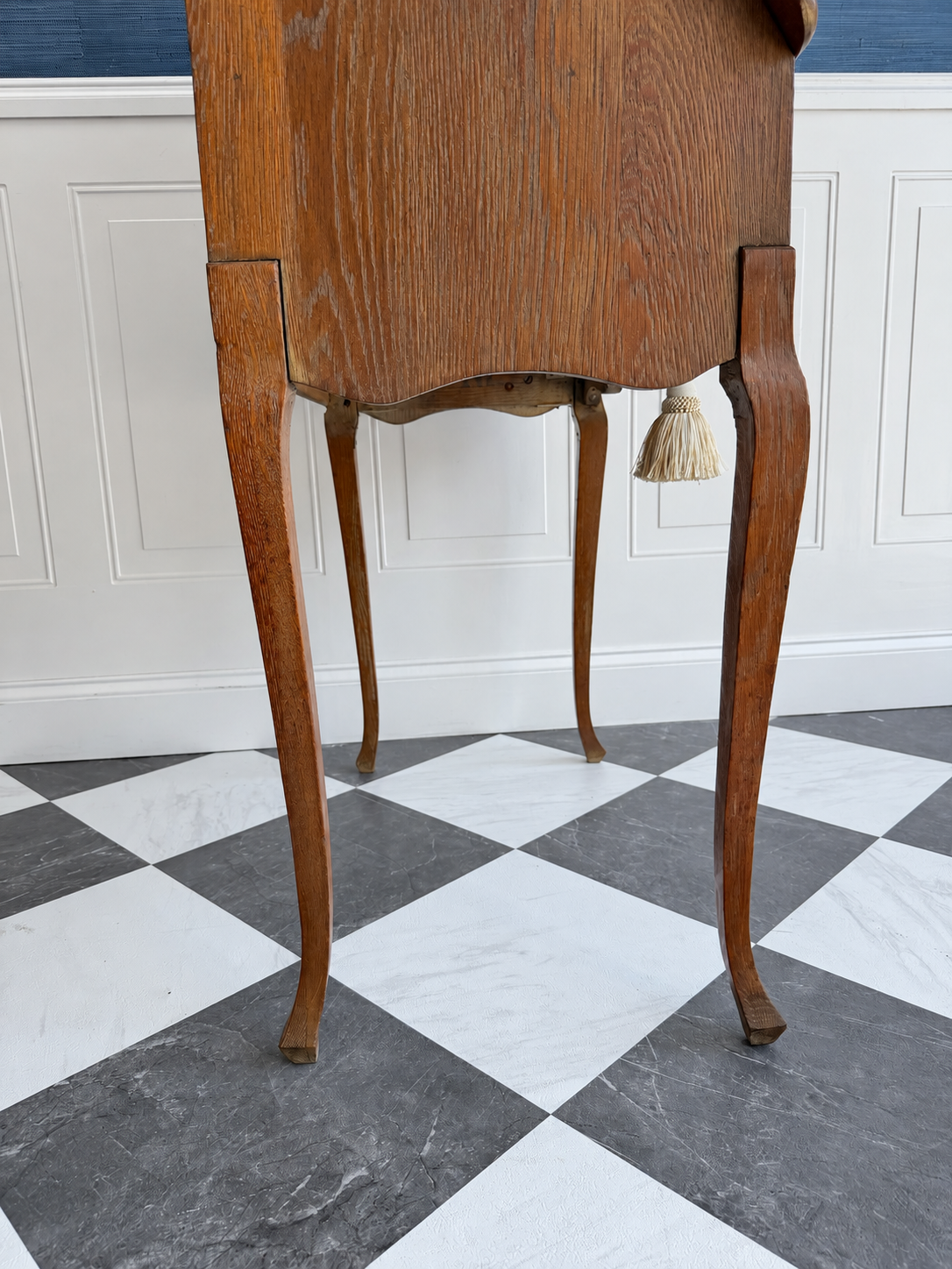 Petite Antique Oak Slant-Front Secretary Ladies Desk with Beveled Mirror & Ram’s-Head Carving