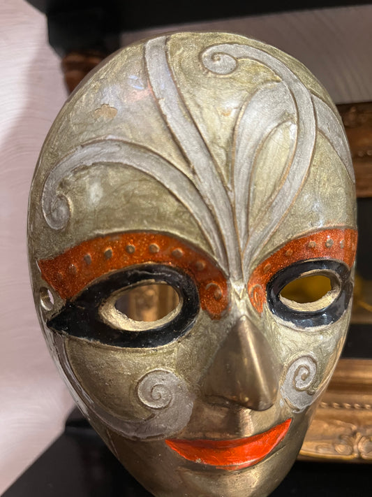 Vintage Enameled Brass Theatre Carnival Mask Figure, Made in India