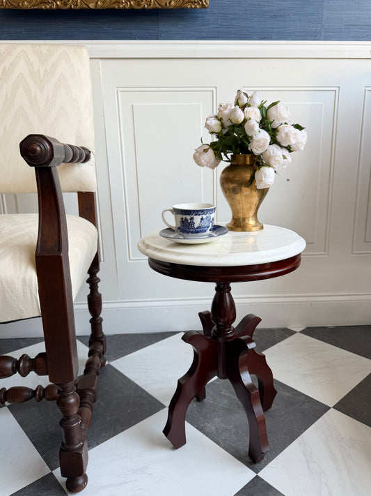 Vintage Italian Marble Top Round Mahogany Pedestal Accent Table