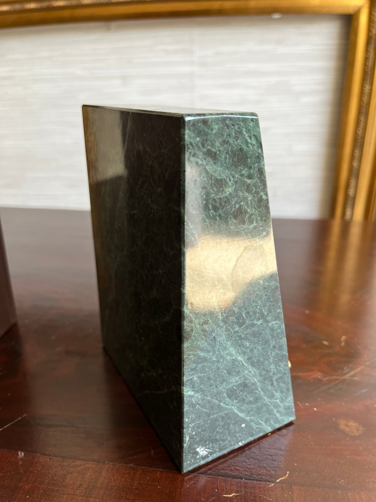 Vintage Trapezoidal Green Marble Book Ends With Brass Unicorn + Lion