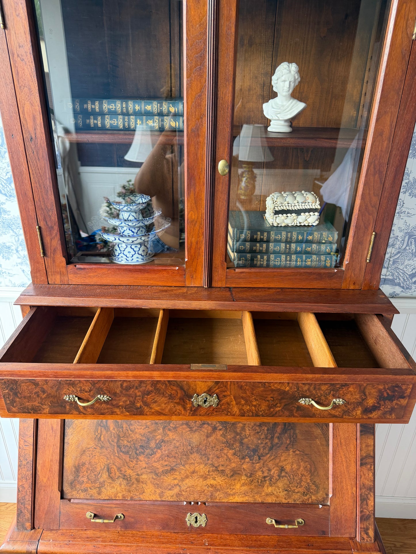 Antique Victorian Burl Walnut Secretary Bookcase, c. 1880s, Drop Front Writing Desk Display Cabinet