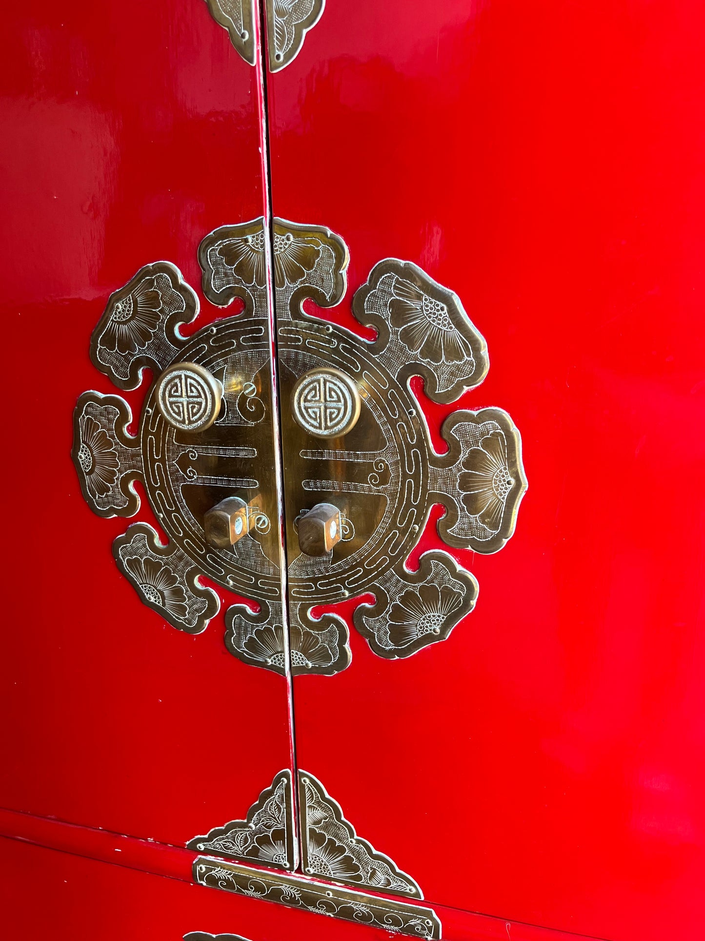 Mid 20th Century Red Lacquer Tansu Chest with Brass Butterfly Pulls