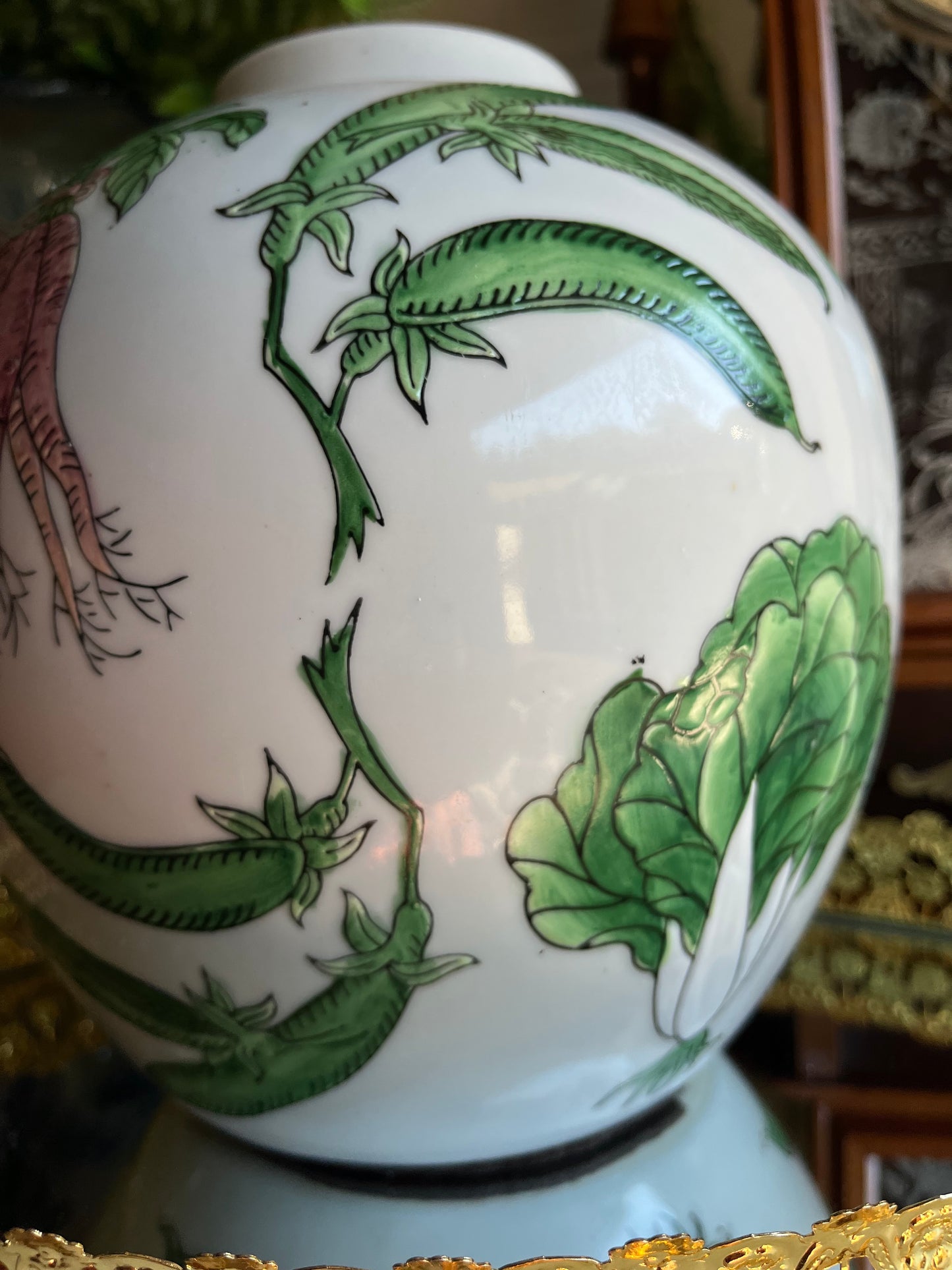 Vintage Chinese Export Porcelain Lidded Ginger Jar with Hand-Painted Bok Choy, Carrots, Beets, and Snow Peas