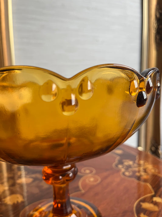 Vintage Amber Glass Teardrop Bowl Raised Pedestal Bowl