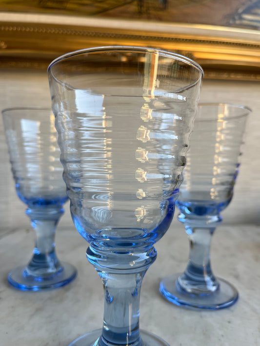 Vintage Blue Libbey Sirrus Glass Footed Water Goblets Set of 4