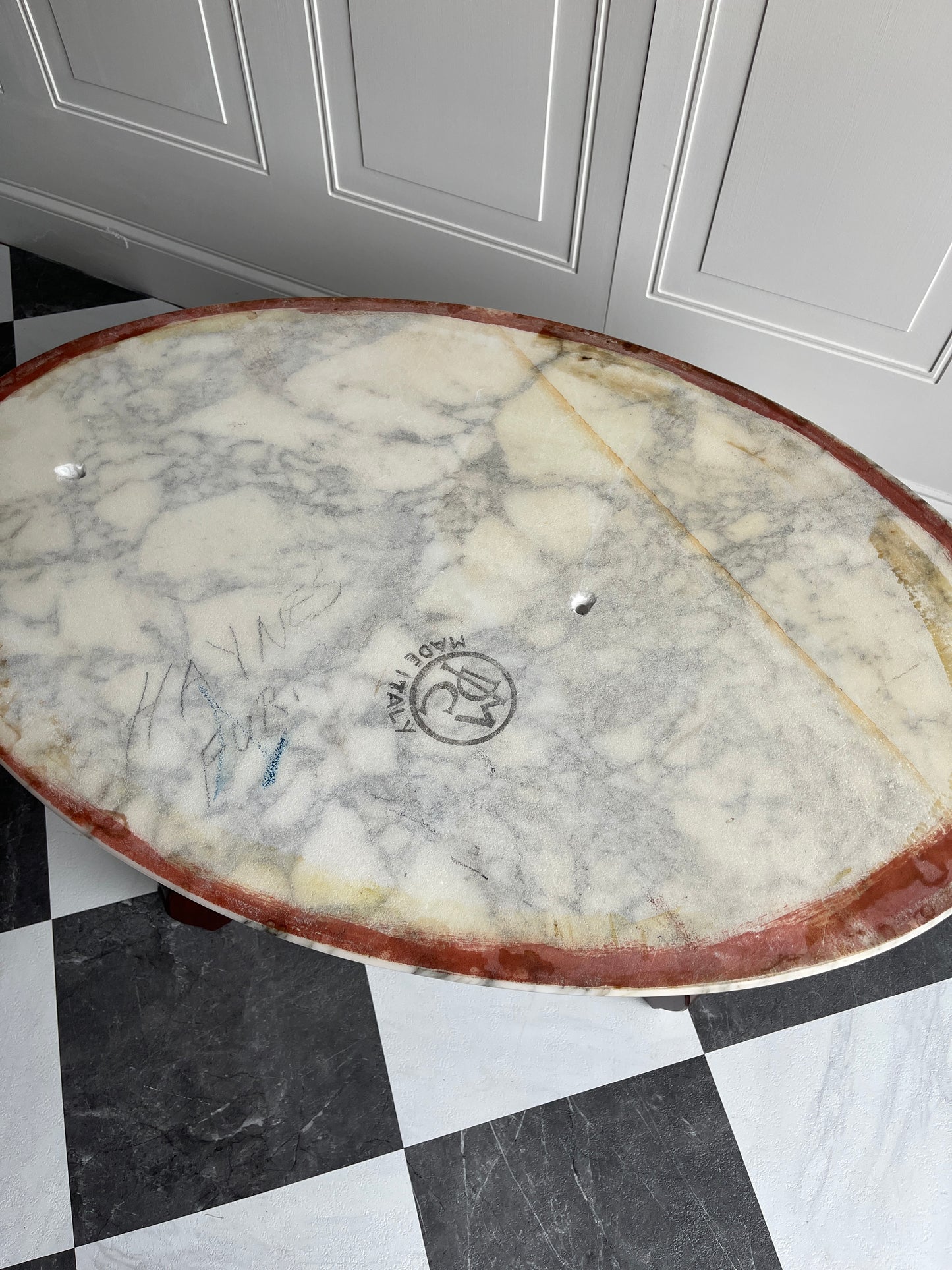 Vintage Italian Marble Top Floral Carved Mahogany Coffee Table | Mid Century Victorian Revival