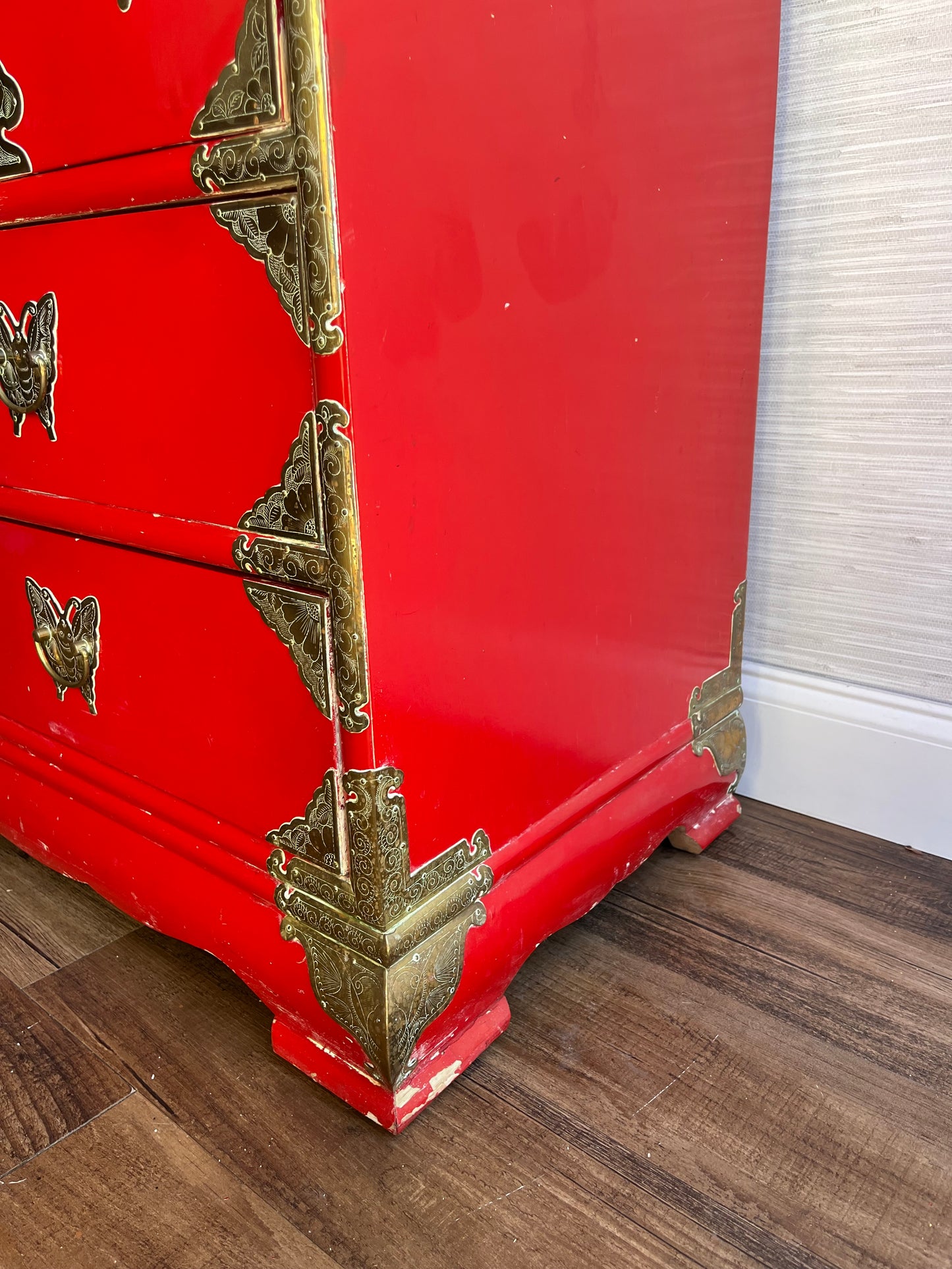 Mid 20th Century Red Lacquer Tansu Chest with Brass Butterfly Pulls