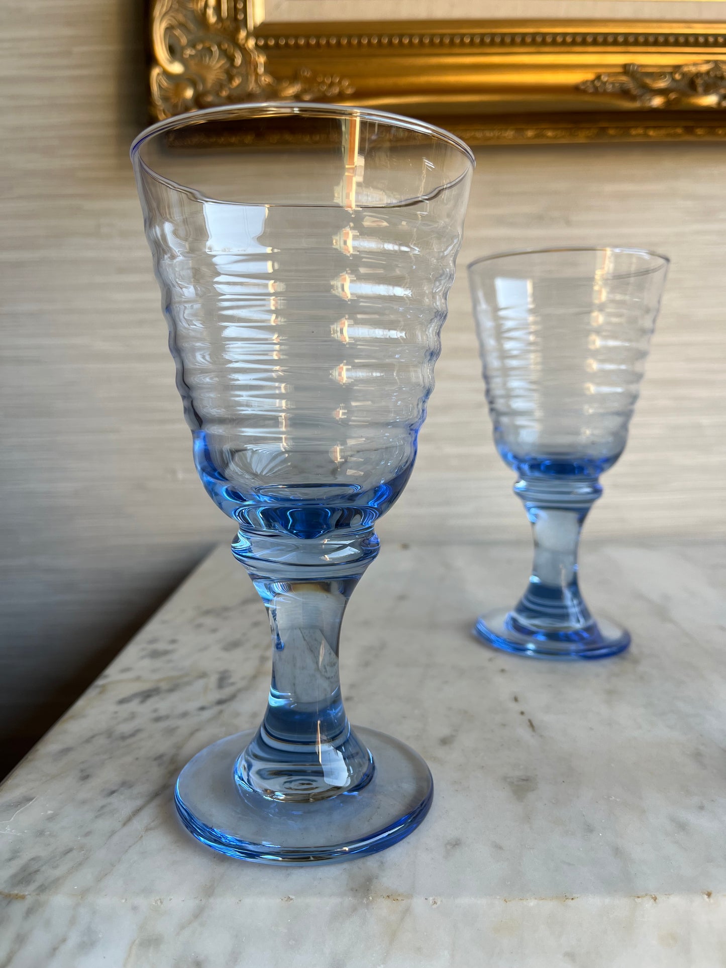 Vintage Blue Libbey Sirrus Glass Footed Water Goblets Set of 4