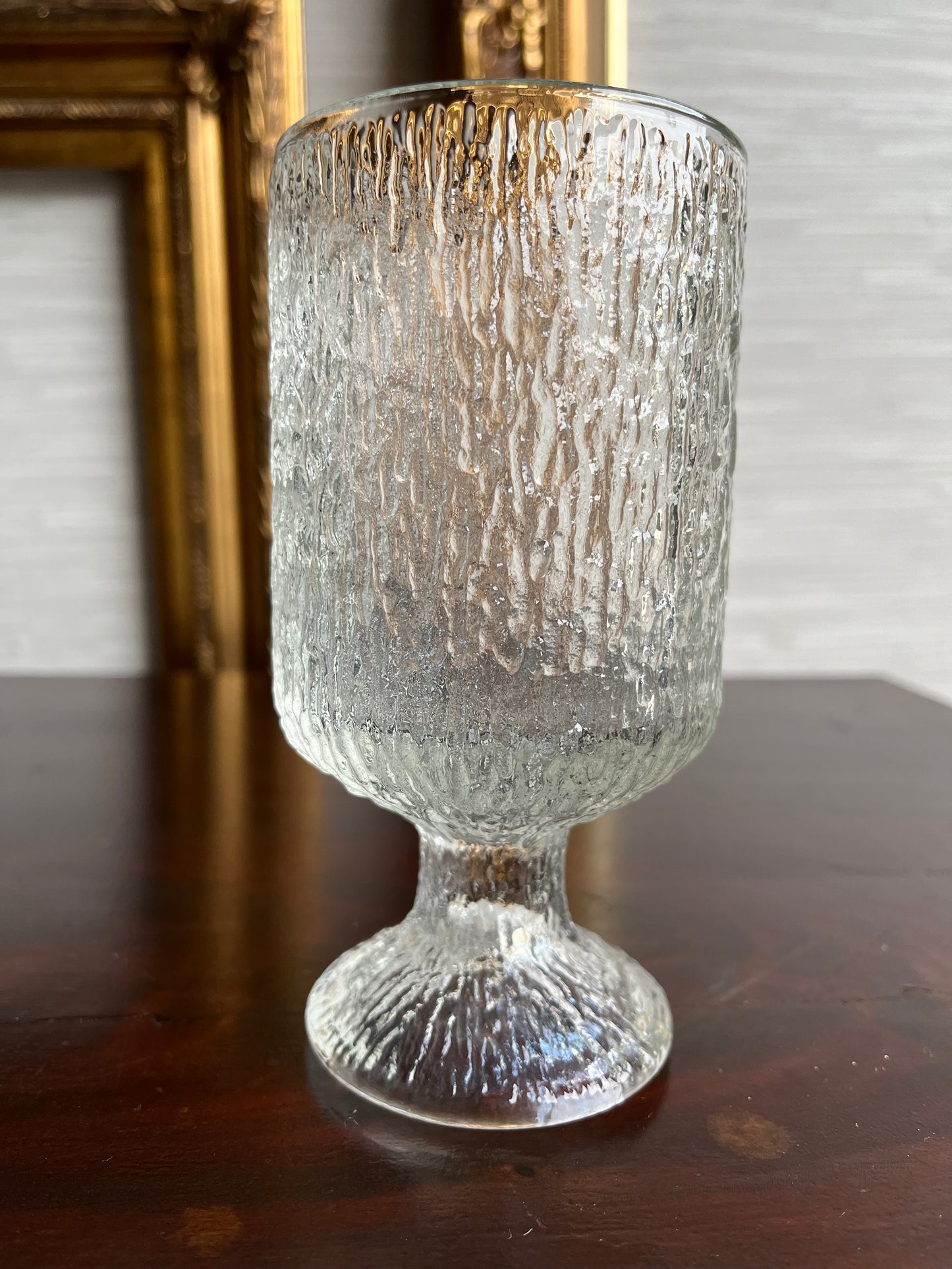 Mid-Century Clear Indiana Glass Frosted  Crystal Ice/Bark Texture Footed Water Wine Goblets Glasses- Set of 4